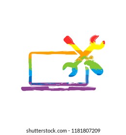 Laptop repair service. Drawing sign with LGBT style, seven colors of rainbow (red, orange, yellow, green, blue, indigo, violet