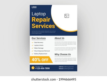 Laptop Repair Service Flyer Design. Computer Smartphone Repair Service Flyer Poster Leaflet Template. Repairman Flyer Design.