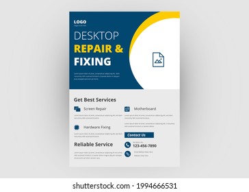 Laptop repair service flyer design. Computer smartphone repair service flyer poster leaflet template. Repairman flyer design.