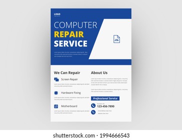 Laptop repair service flyer design. Computer smartphone repair service flyer poster leaflet template. Repairman flyer design.