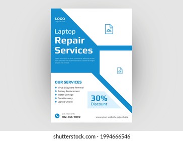 Laptop repair service flyer design. Computer smartphone repair service flyer poster leaflet template. Repairman flyer design.