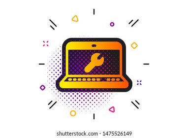 Laptop repair service sign. Halftone circles pattern. Spanner tool icon. Fix instruments symbol. Classic flat laptop repair icon. Vector