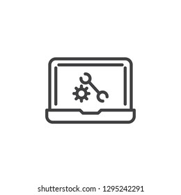 Laptop repair settings line icon. linear style sign for mobile concept and web design. Laptop with gear and wrench on screen outline vector icon. Symbol, logo illustration. Pixel perfect vector 