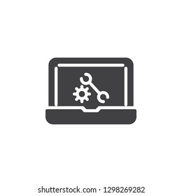 Laptop repair settings vector icon. filled flat sign for mobile concept and web design. Laptop with gear and wrench on screen simple solid icon. Symbol, logo illustration. Pixel perfect vector