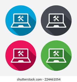 Laptop repair sign icon. Notebook fix service symbol. Circle buttons with long shadow. 4 icons set. Vector