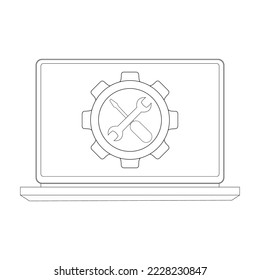 laptop and repair sign in outline style on white background. vector illustration on the theme of computer technology. For website design and advertising