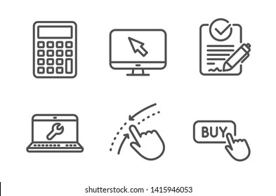 Laptop Repair, Swipe Up And Internet Icons Simple Set. Calculator, Rfp And Buy Button Signs. Computer Service, Touch Down. Technology Set. Line Laptop Repair Icon. Editable Stroke. Vector