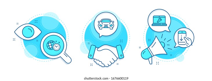 Laptop repair, Time management and Car line icons set. Handshake deal, research and promotion complex icons. Scroll down sign. Computer service, World clock, Transport. Swipe phone. Vector