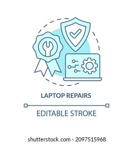 Laptop repair turquoise concept icon. Portable device. Type of service abstract idea thin line illustration. Isolated outline drawing. Editable stroke. Roboto-Medium, Myriad Pro-Bold fonts used