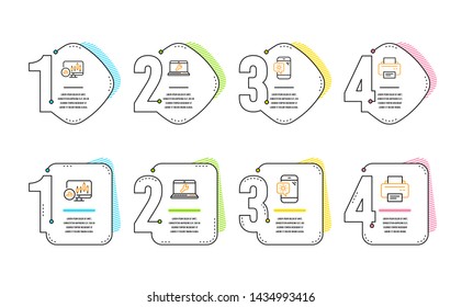 Laptop repair, Weather phone and Candlestick chart icons simple set. Printer sign. Computer service, Travel device, Report analysis. Printing device. Technology set. Infographic timeline. Vector