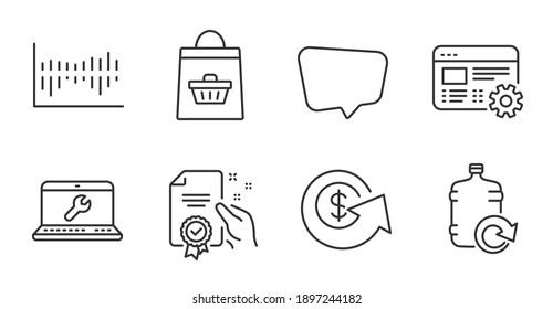 Laptop repair, Web settings and Chat message line icons set. Dollar exchange, Refill water and Online buying signs. Certificate, Column diagram symbols. Quality line icons. Laptop repair badge. Vector