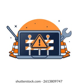 Laptop with repairing tools icon vector, technical support concept illustration, wrench and gear over screen symbolizing computer repair service and digital troubleshooting design