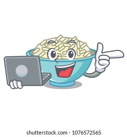 With laptop rice bowl character cartoon