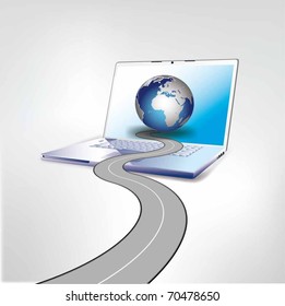laptop and a road leading to the globe