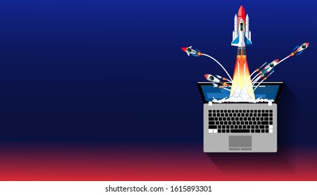  laptop and rocket - creative illustration of business startup new ideas concept vector.