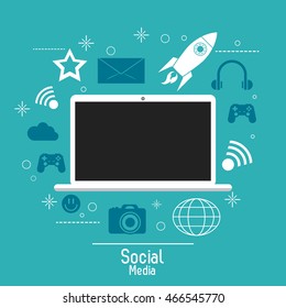 laptop rocket envelope camera game gadget social media icon set. Colorful and flat illustration. Vector graphic