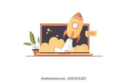 Laptop, rocket, flight. Symbol and concept of business development, startup, new idea, management of new projects. Flat illustration.