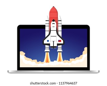 Laptop Rocket Launch Dark Sky Space Ship Taking Off Illustration Background Wallpaper Vector
