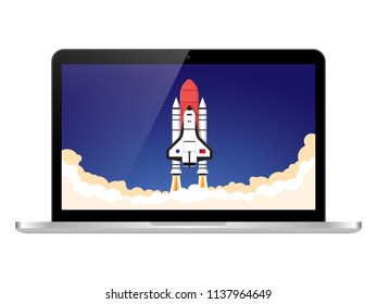 Laptop Rocket Launch Dark Sky Space Ship Taking Off Illustration Background Wallpaper Vector
