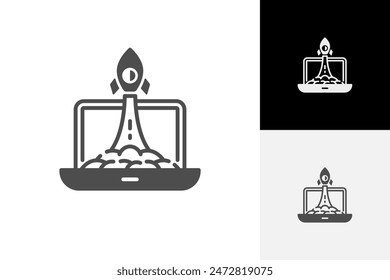 laptop with rocket launch logo icon design for start up business launching logo symbol, target market signs, vector illustration