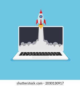 Portátil con lanzamiento de cohetes en una pantalla. Concepto de producto comercial. El cohete va más allá del monitor. Producto de inicio e innovación de proyectos. Ilustración vectorial.