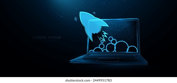 Laptop with a rocket. Social media marketing. Business startup. Low polygonal, wireframe, and mesh illustration