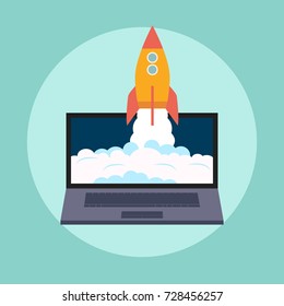Laptop with Rocket Start up concept flat style. Space rocket launch. Business Project development.