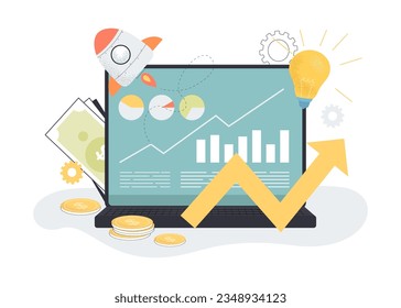 Laptop with rocket as symbol of startup vector illustration. Cartoon drawing of computer with chart, banknotes, lightbulb as symbol of new idea. Startup, innovation, investment, development concept