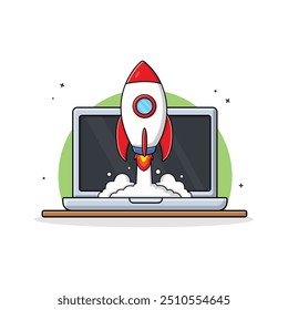 Laptop with Rocket Vector Illustration. Business Startup Concept Design