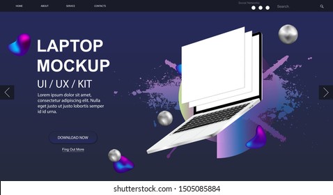 Laptop rotated position Mockup and website design. Realistic Notebook with blank blank web wireframing screens. Laptop perspective view. Template for infographics or presentation UI design. Vector