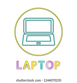 Laptop round linear bright icon for modern apps. Portable computer inside circle outline button template isolated cartoon flat vector illustration.