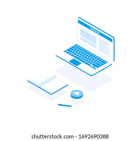 Laptop with a round play icon, pen and notebook. The computer has launched an application for online distance learning.