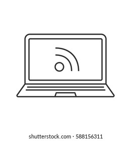 Laptop rss feed linear icon. Thin line illustration. Contour symbol. Vector isolated outline drawing