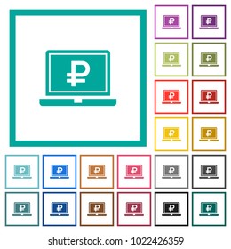 Laptop with Ruble sign flat color icons with quadrant frames on white background