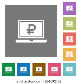 Laptop with Ruble sign flat icons on simple color square backgrounds
