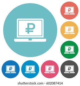 Laptop with Ruble sign flat white icons on round color backgrounds