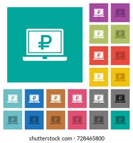 Laptop with Ruble sign multi colored flat icons on plain square backgrounds. Included white and darker icon variations for hover or active effects.