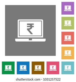 Laptop with Rupee sign flat icons on simple color square backgrounds