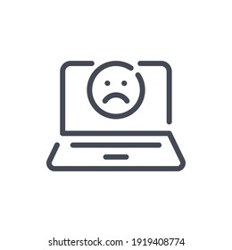 Laptop with sad face line icon. Online negative feedback vector outline sign.