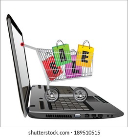 Laptop and Sale in a shopping cart . Concept of discount.