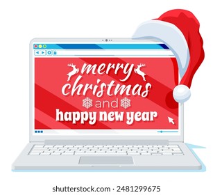 Laptop is in Santa Claus hat isolated. Christmas Notebook covered with Santa cap. Happy new year decoration. Merry christmas holiday. New year and xmas celebration. Vector illustration flat style