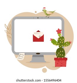 Laptop  with Santa letter. Merry Christmas and Happy New Year. Cactus tree.