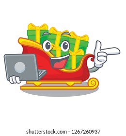 With laptop santa sleigh with piles presents cartoon