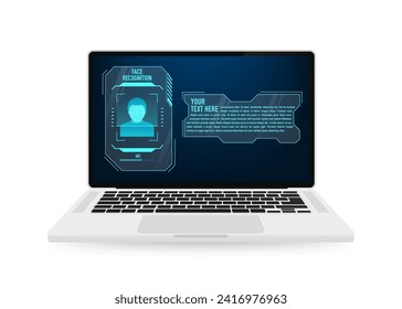 The laptop scans a person's face, forming a polygonal mesh consisting of lines. Face ID, facial recognition, biometric identification, identity detection AI algorithms. Vector illustration