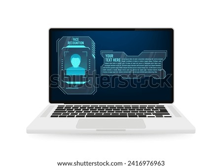 The laptop scans a person's face, forming a polygonal mesh consisting of lines. Face ID, facial recognition, biometric identification, identity detection AI algorithms. Vector illustration