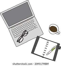 Laptop, schedule book and coffee