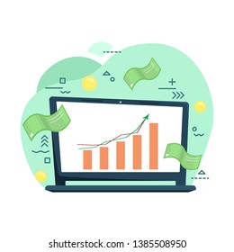 Laptop with the schedule of exchange trade. Remote work. Trading on the stock exchange.  