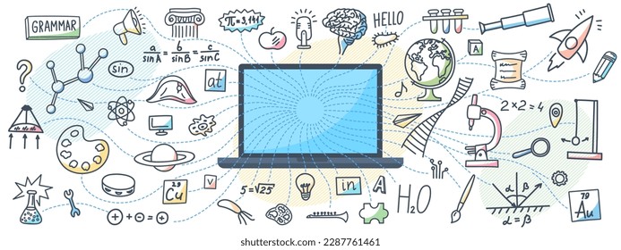 Laptop with school subjects doodle. Remote education concept. Scientific blog, webinar, information.