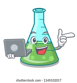 With laptop science beaker character cartoon