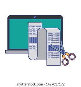 Laptop and scissors cutting bills isolated vector illustration graphic design